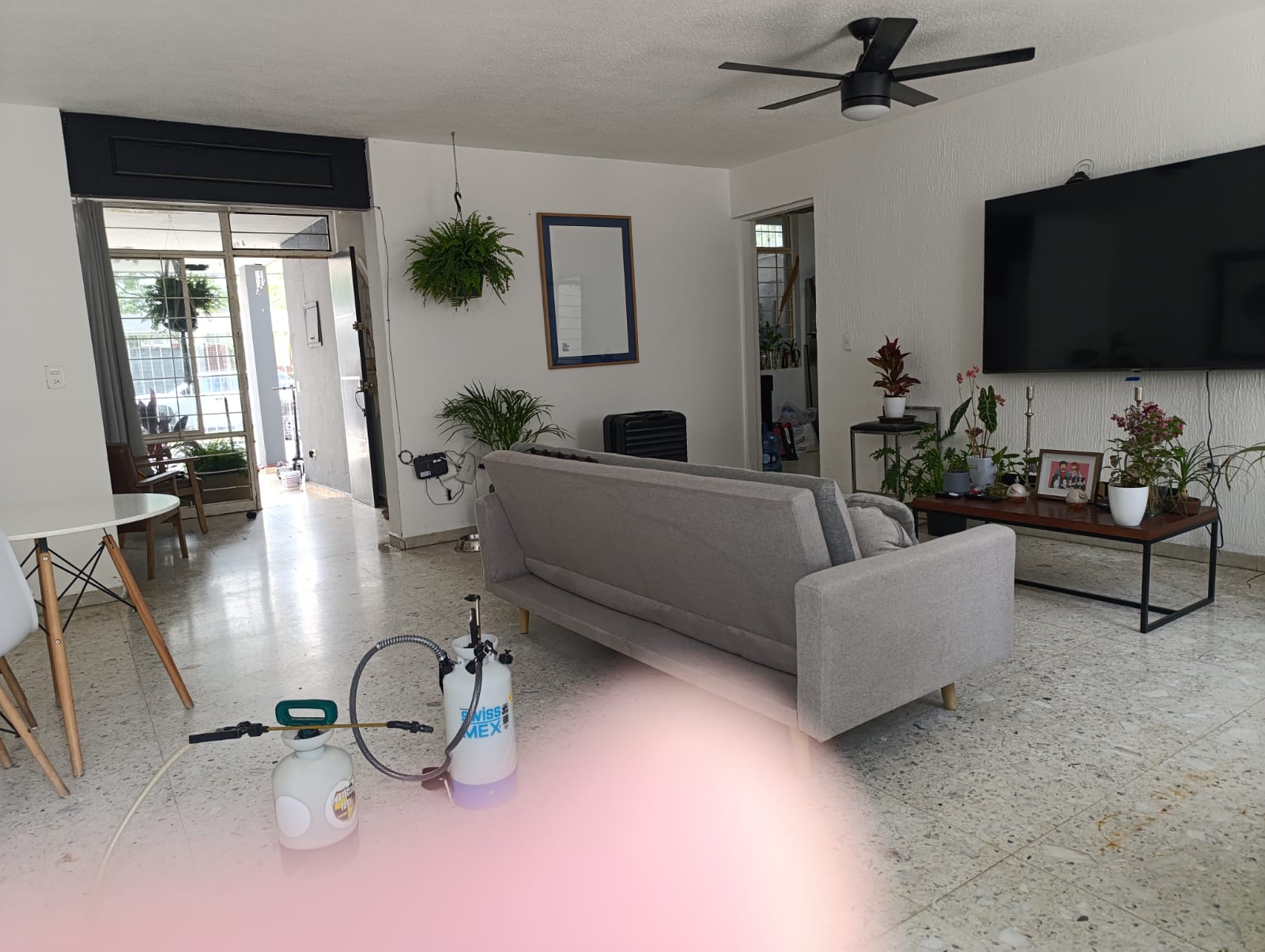 Equipos de fumigación en sala amplia